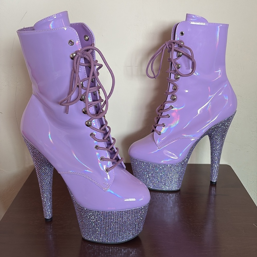 Pleaser BEJEWELED 1020 7 Lavender 7" Heel Platform Lace-Up Ankle Boots